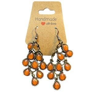 Vintage Chandelier Style Orange Waterfall Drop Dangle Earrings Silver Tone 2"